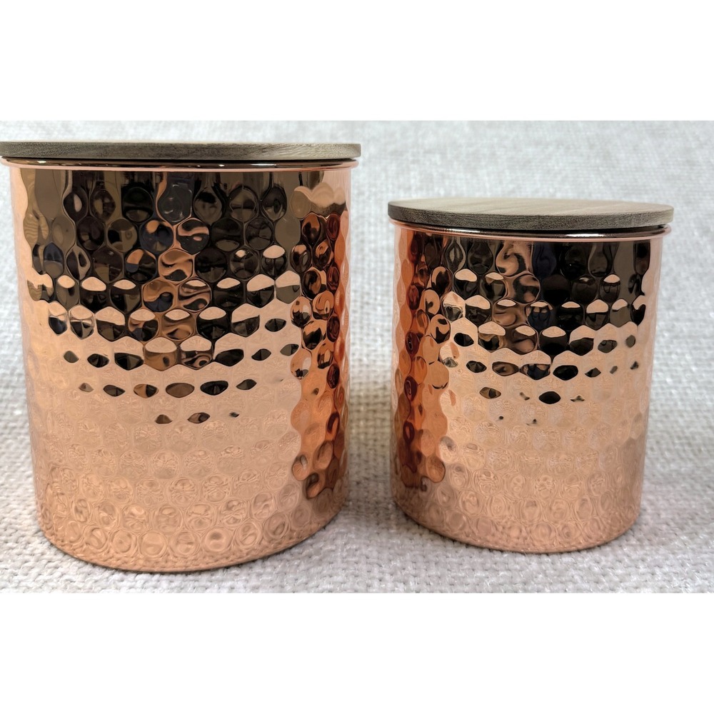 Uncommon James Hammered Copper Canister Set 2pc Wooden Lids Kitchen Storage